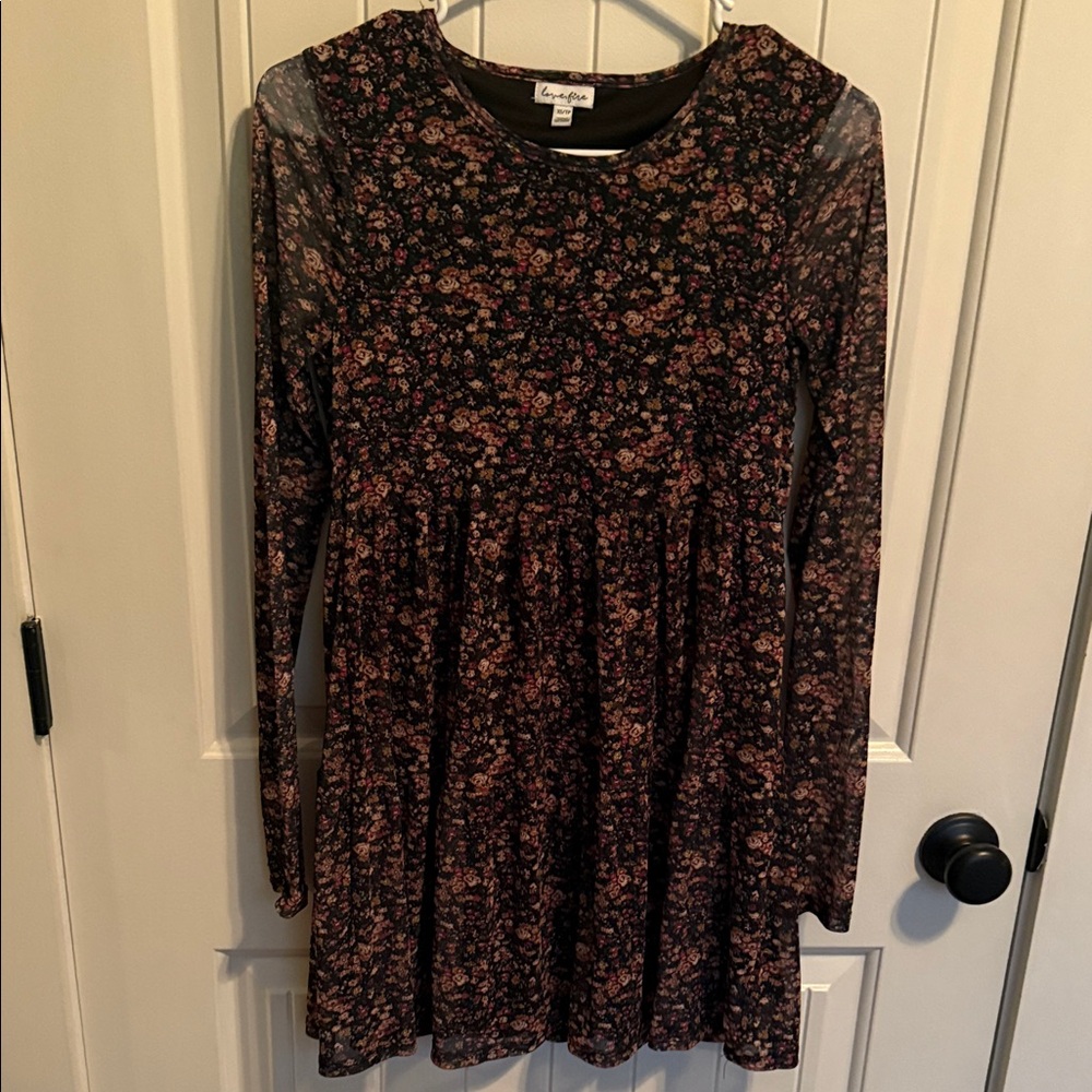 Love, Fire Black floral dress with mesh arms size XS.